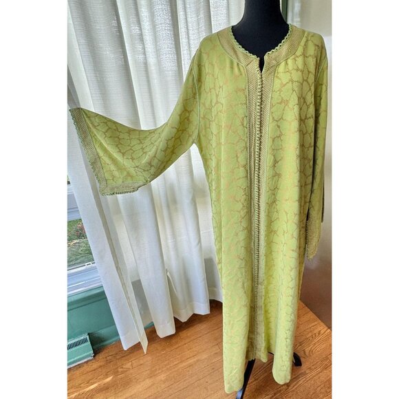Vintage 70s caftan, chartreuse with golden bronze abstract, traditional robe - Picture 1 of 10